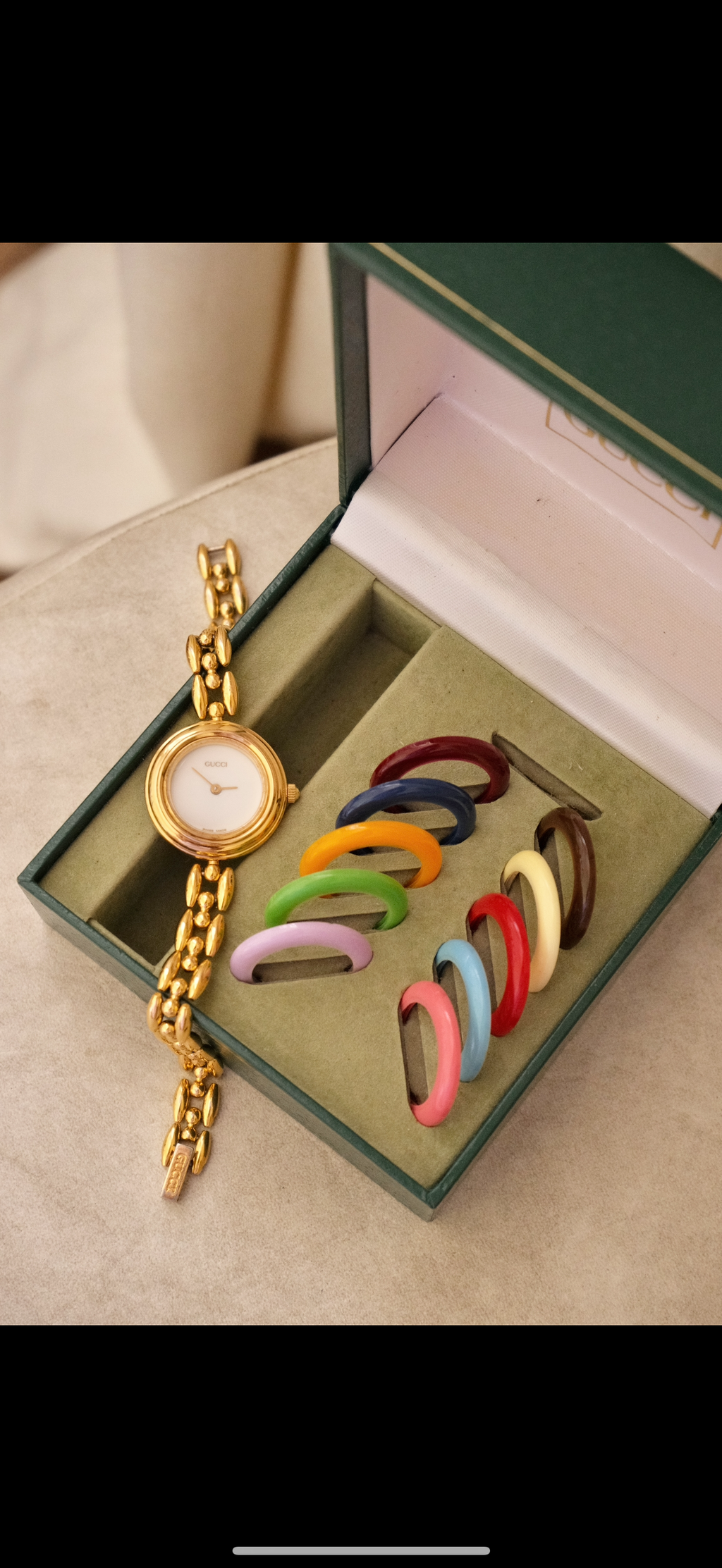 Vintage 1990 Gucci 11/12.2 Interchangeable Bezel Watch Gold Plated Swiss Ladies Watch Original Box