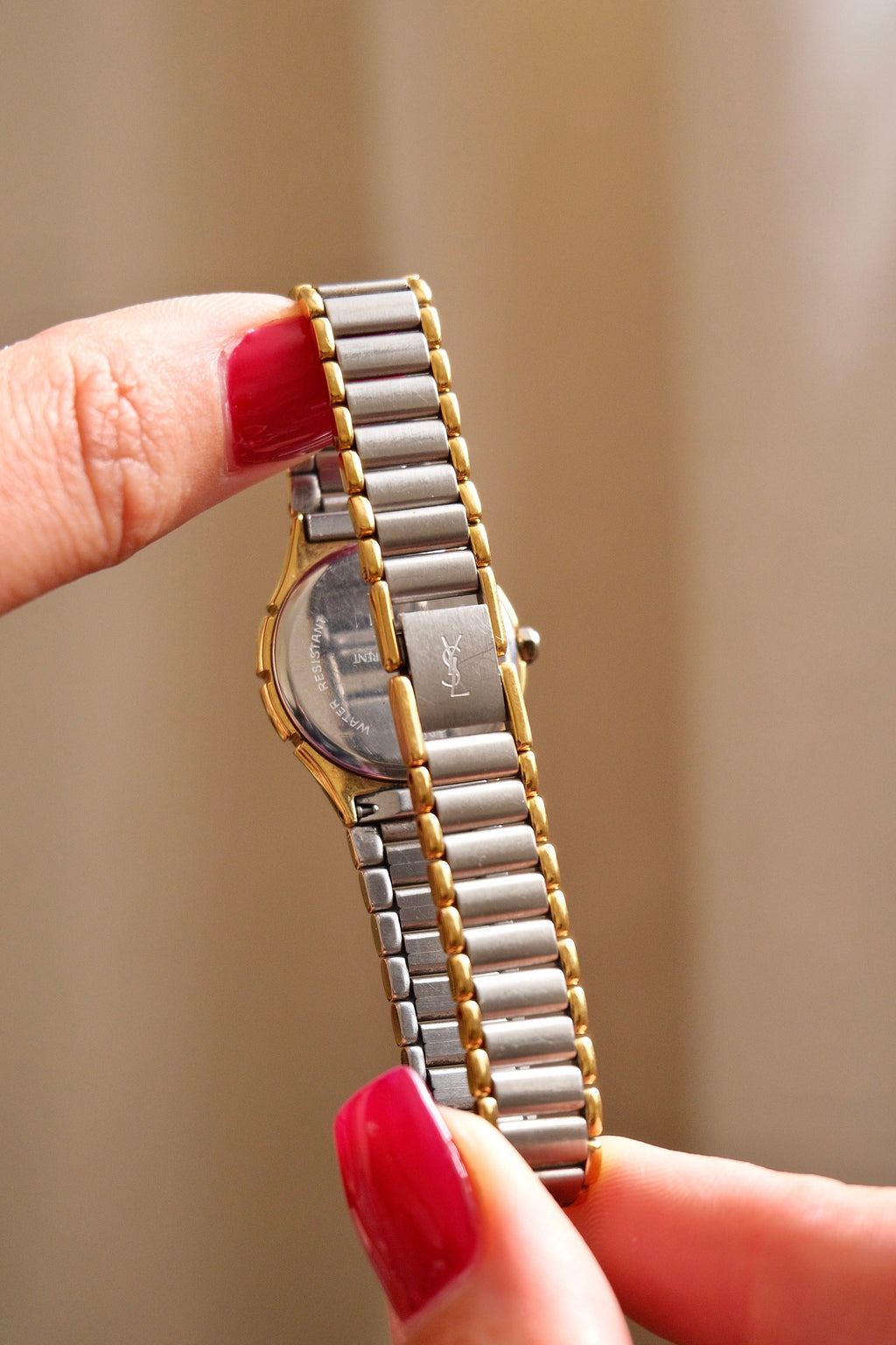 Vintage Ladies 1990s YSL Quartz Two Tone Watch - White & Silver Striped Dial