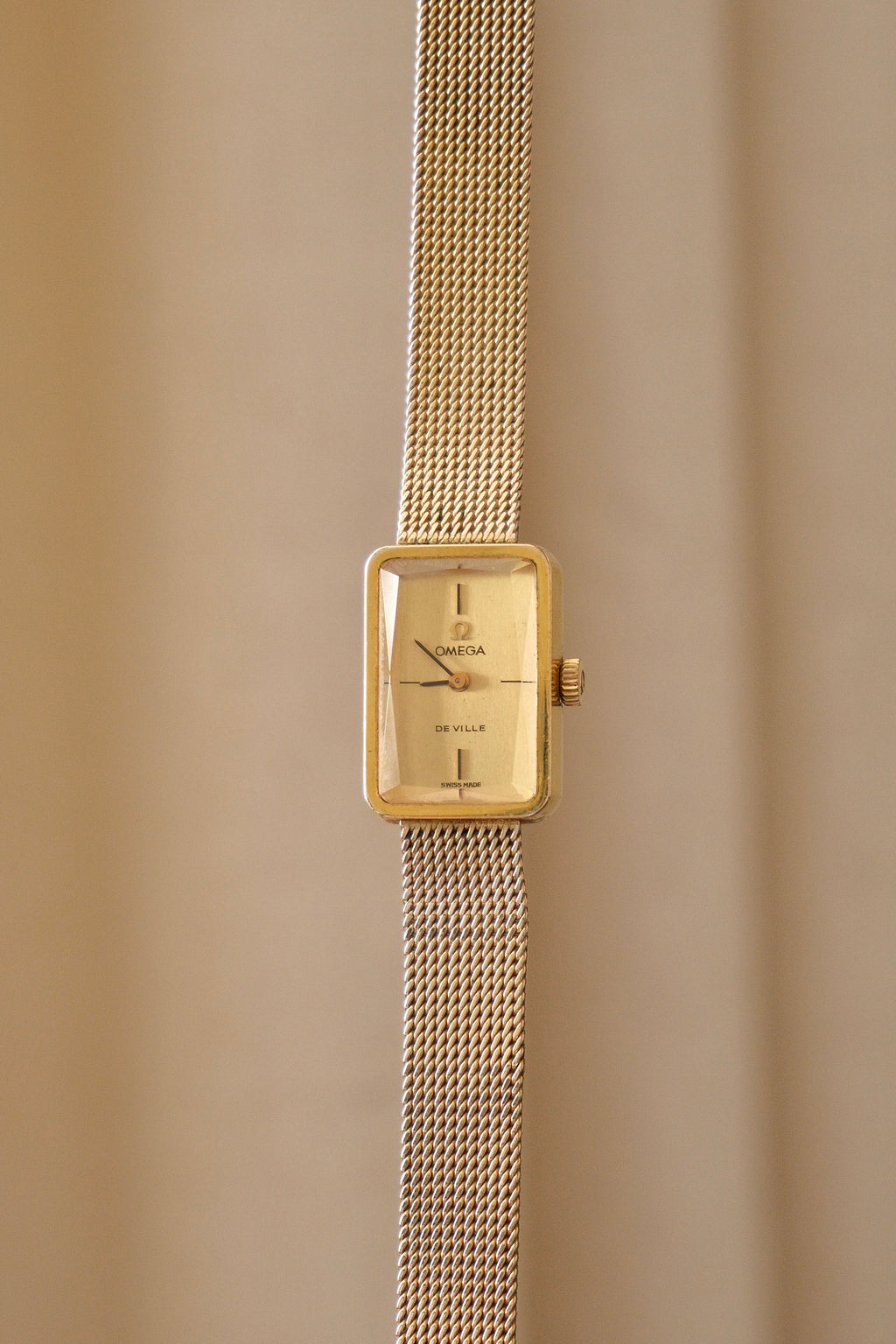 1970s Omega De Ville Manual Wind Gold Plated Tank Style Watch Mesh Strap, in Omega Box Working