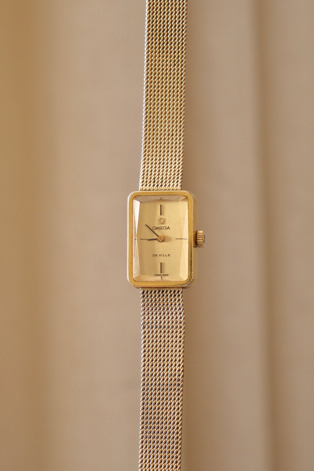 1970s Omega De Ville Manual Wind Gold Plated Tank Style Watch Mesh Strap, in Omega Box Working