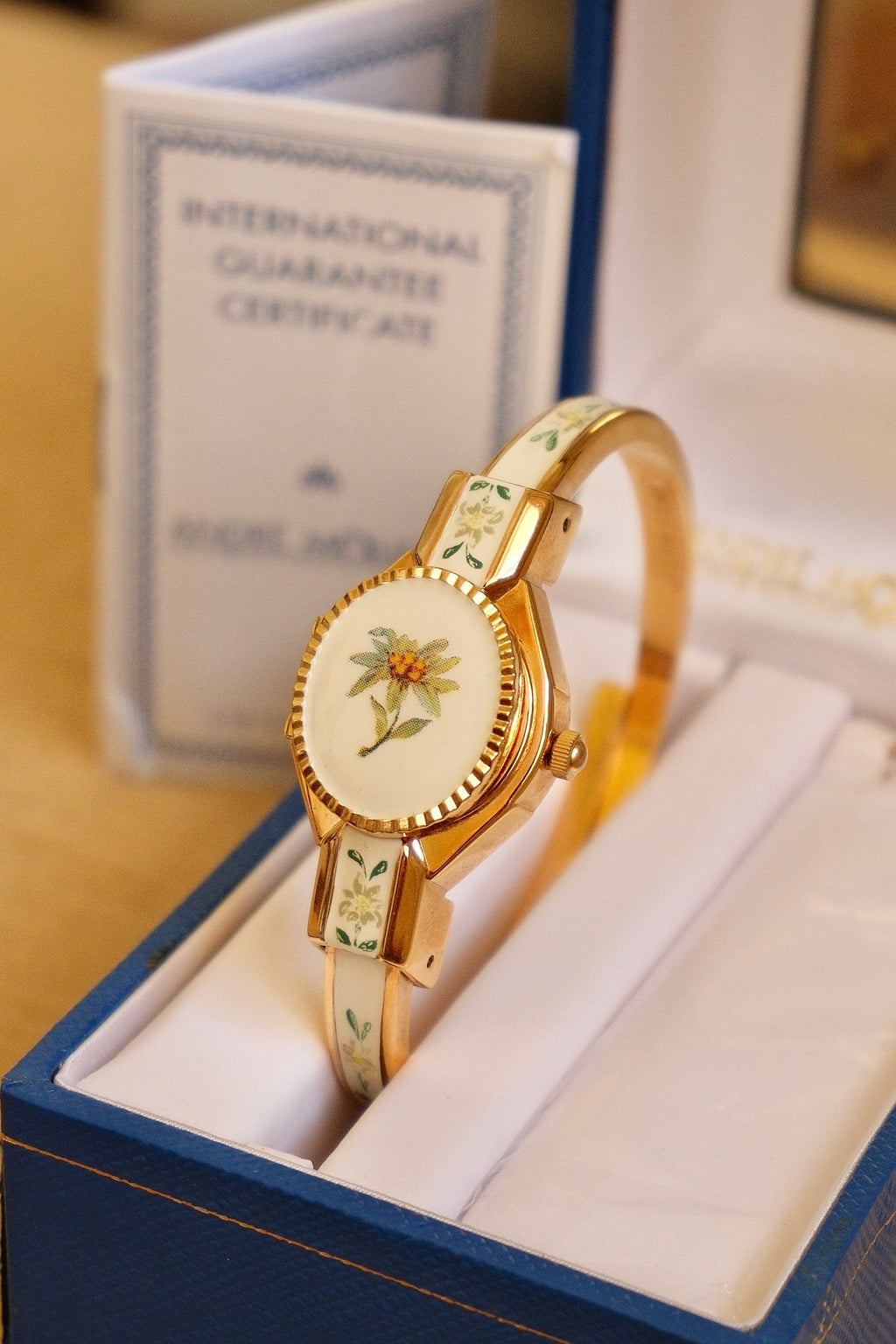 Vintage André Mouche Swiss Peek-a-Boo Cocktail Watch Enamel Bangle, Quartz