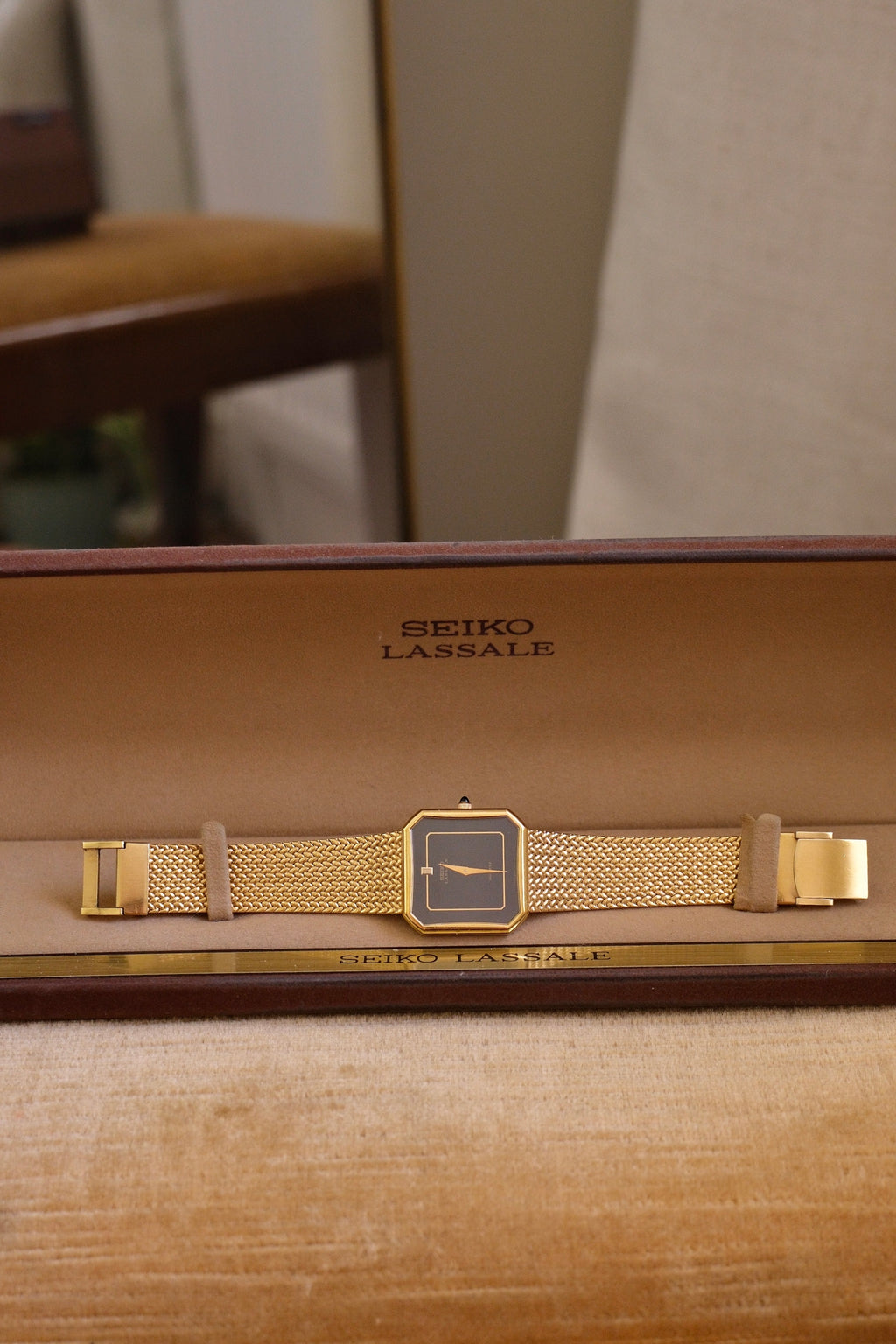 RARE 80s Seiko Lassale 6020 Gold Tank Watch Black Dial Watch in Box