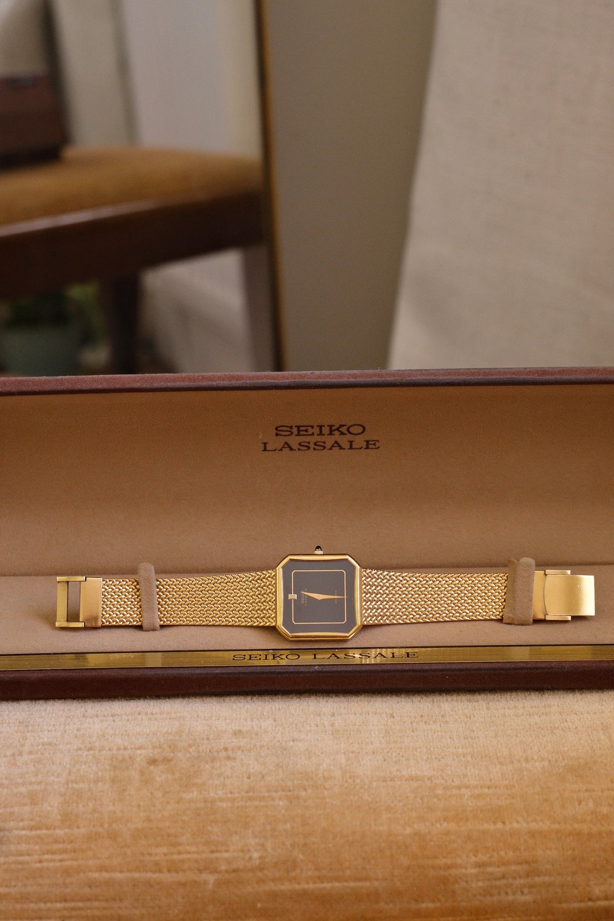 RARE 80s Seiko Lassale 6020 Gold Tank Watch Black Dial Watch in Box