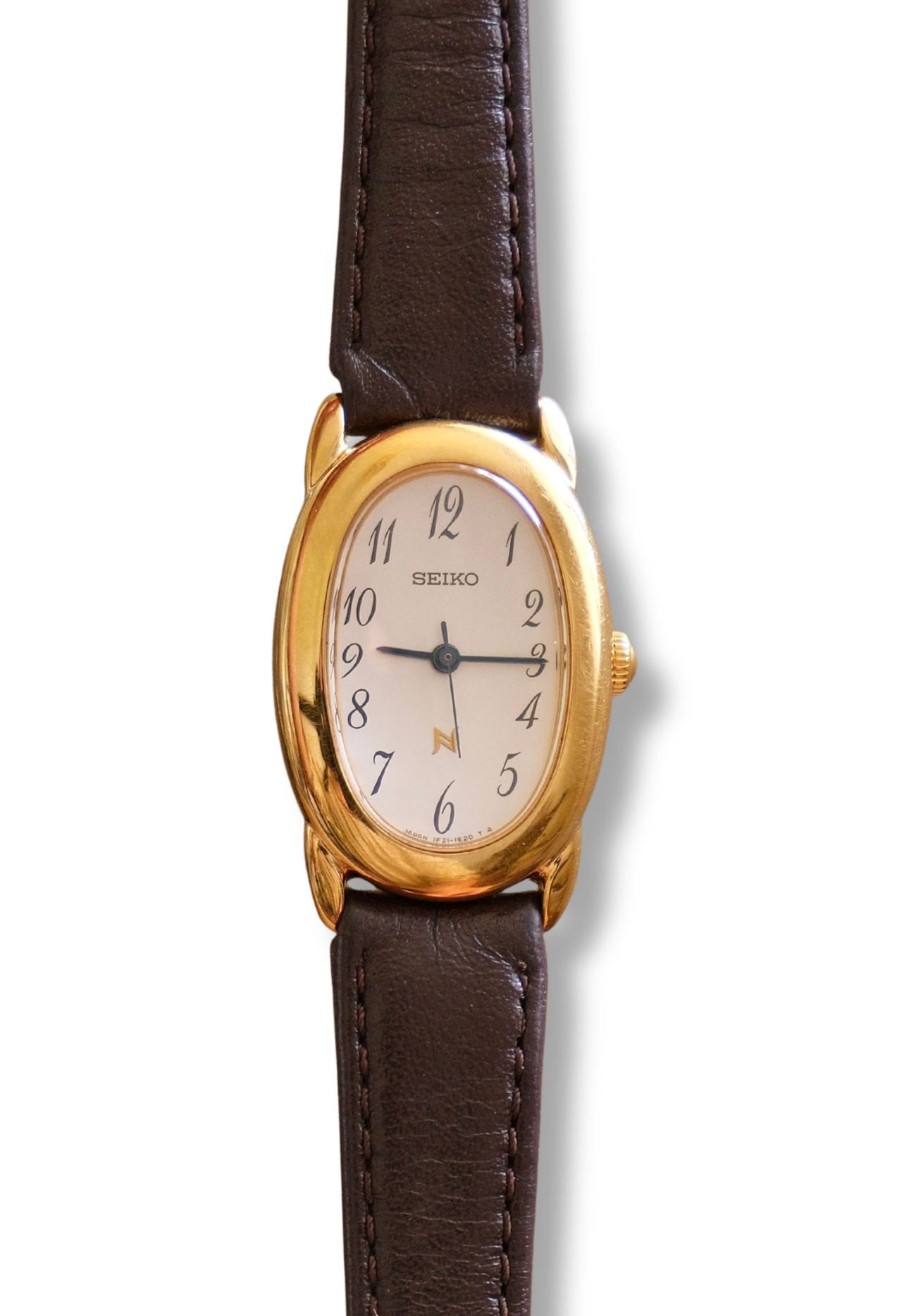 Vintage 90s Ladies Seiko 1F21 6B10 Tank Baignoire Style Watch Brown Leather Strap Gold Tone Quartz Japan