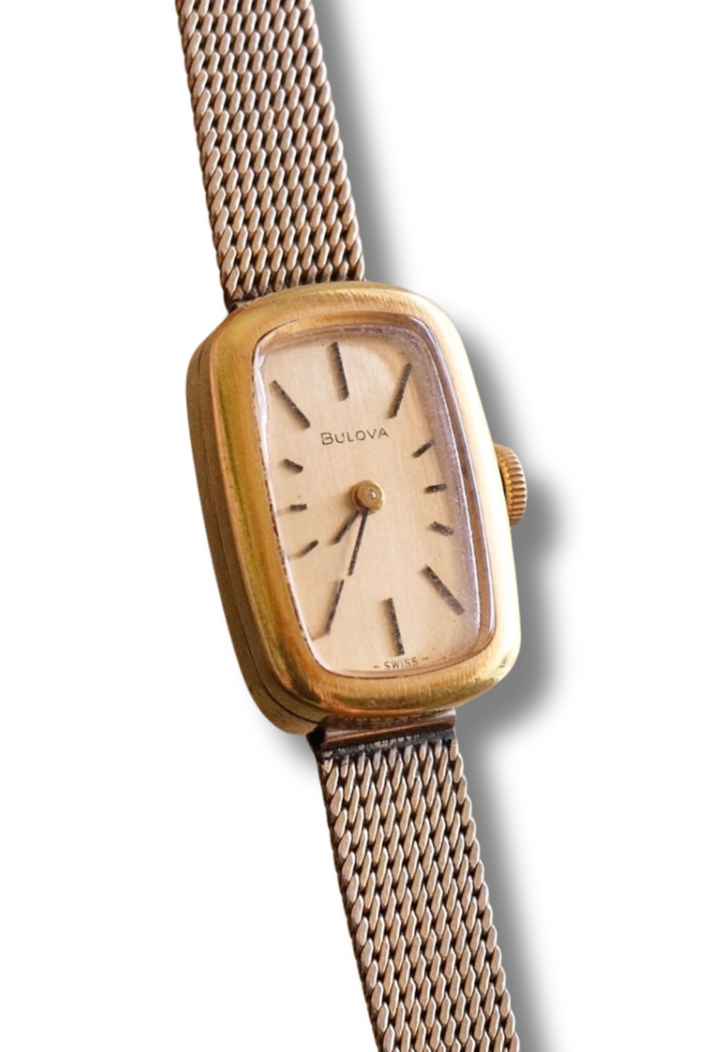 Vintage Bulova Ladies Watch 1950s Gold Plated Rectangular Swiss Manual Wind Mesh Bracelet