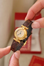 Vintage Ladies 1993 Cartier Must de Cartier Vermeil Watch Gold Plated Ladies Watch, Brown Leather Strap, Luxury Timepiece Box & Papers