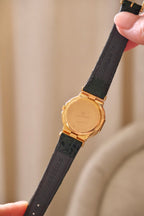 Vintage Seiko Lassale Ladies Watch, Gold Plated 1980s Ultra Thin Dress Watch Roman Numeral Bezel, Green Leather Strap