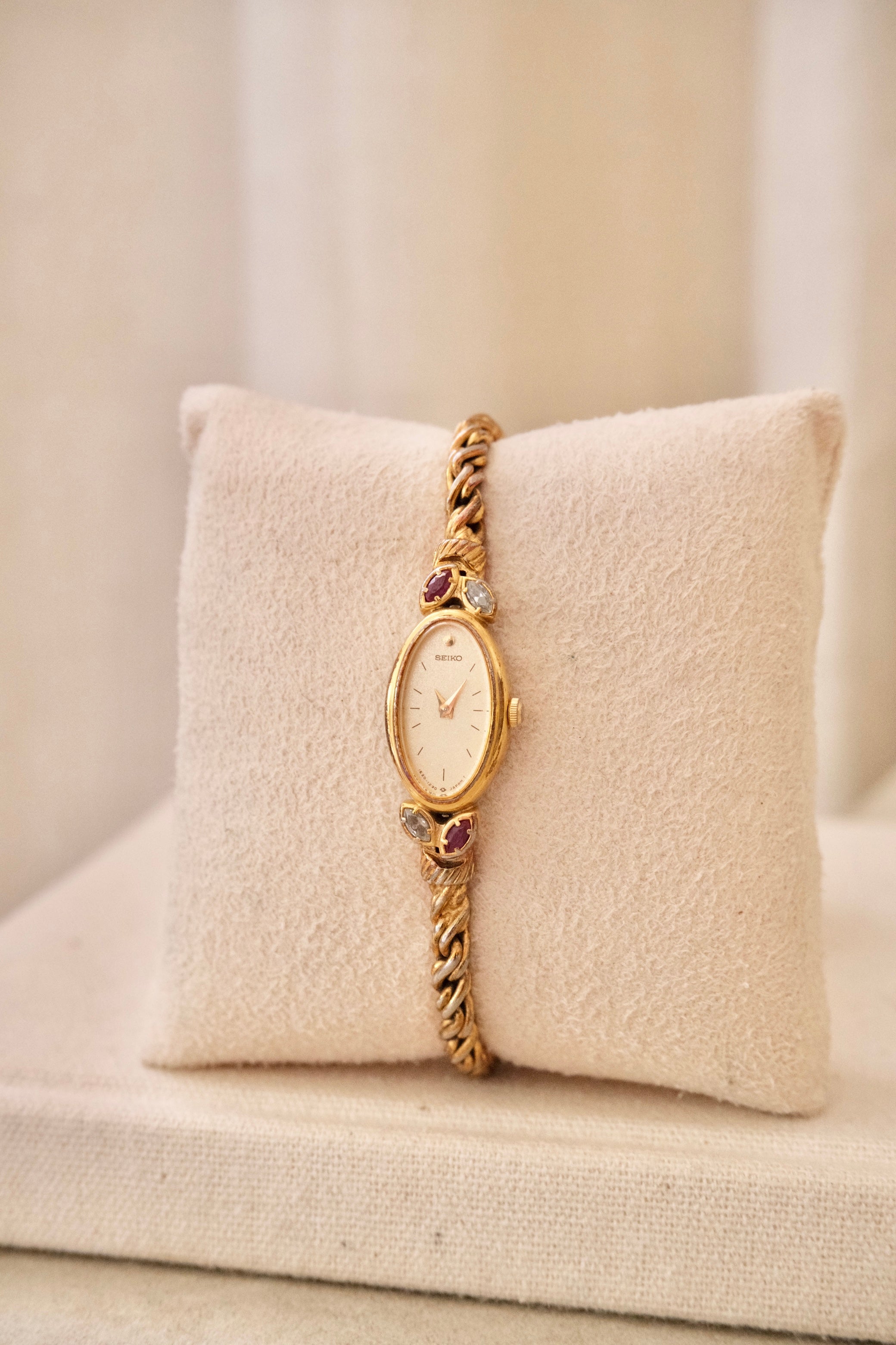 Rare Petite Oval Gold Ruby Seiko Watch with Safety Chain