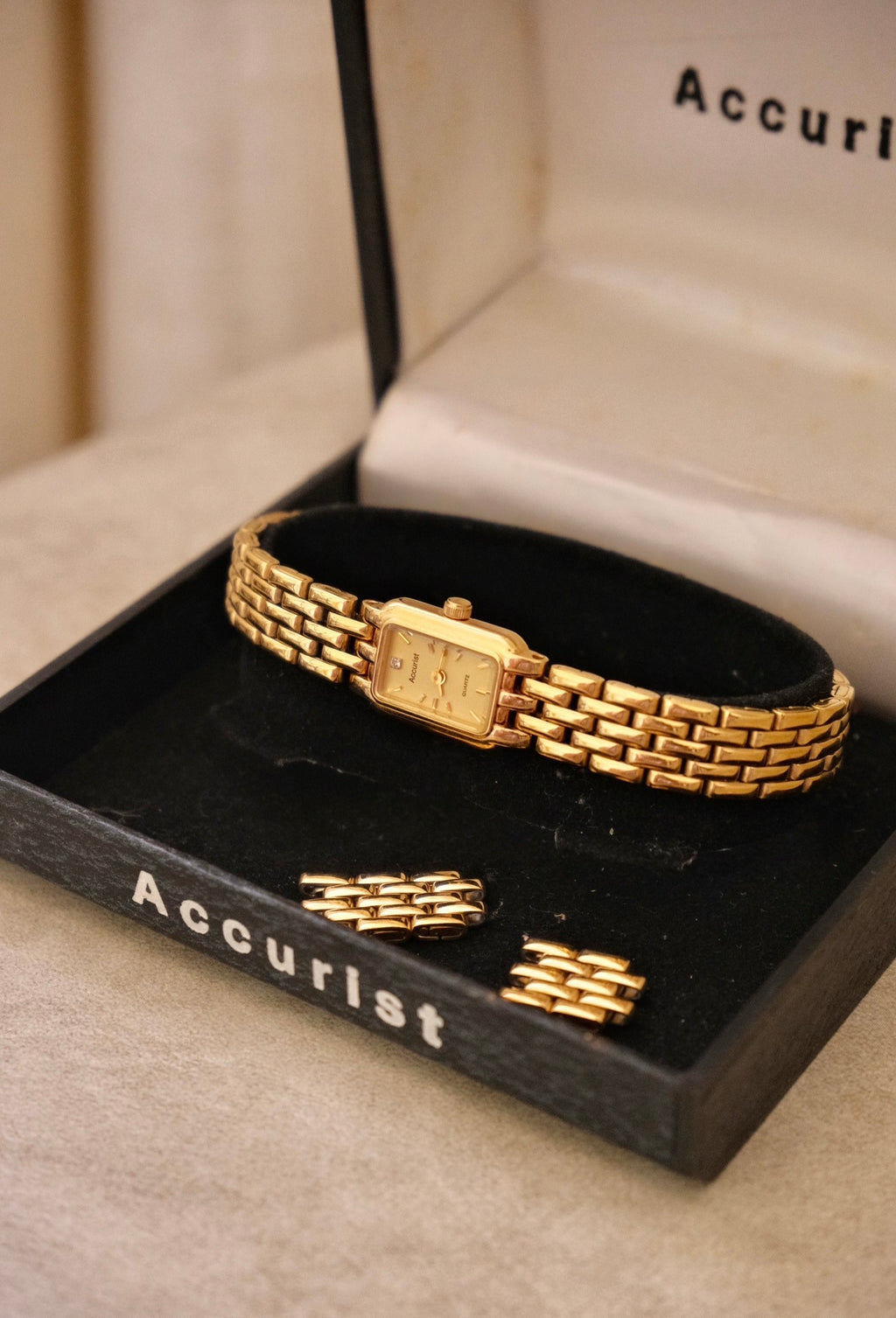 Vintage 1980s Gold  Accurist Ladies Tank Watch  Japanese Movement Diamond Accent Housed in Original Box