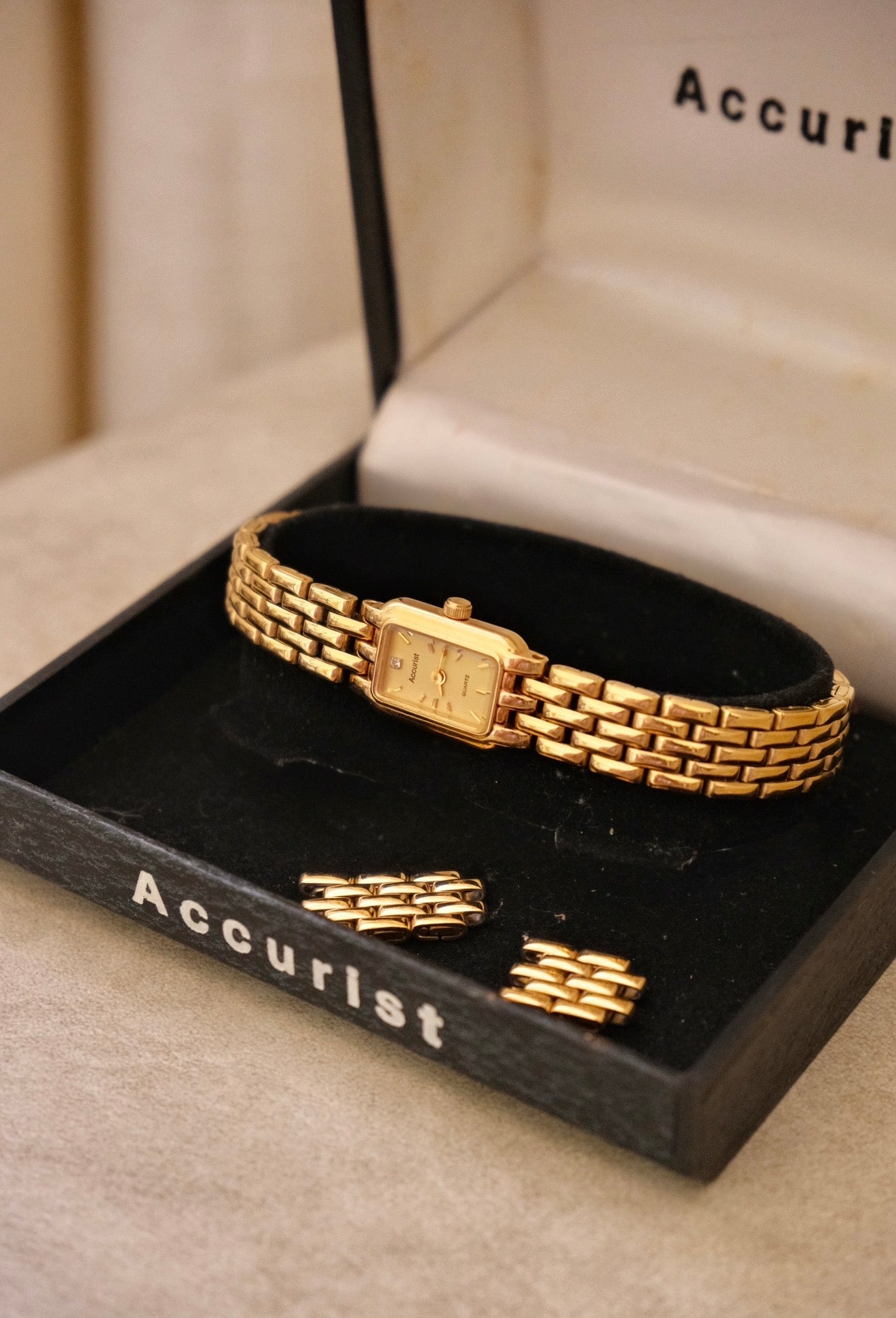 Vintage 1980s Gold  Accurist Ladies Tank Watch  Japanese Movement Diamond Accent Housed in Original Box