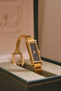 Vintage 90s Ladies Gold 1500L Gucci Horsebit Watch Black Dial in Gucci Box