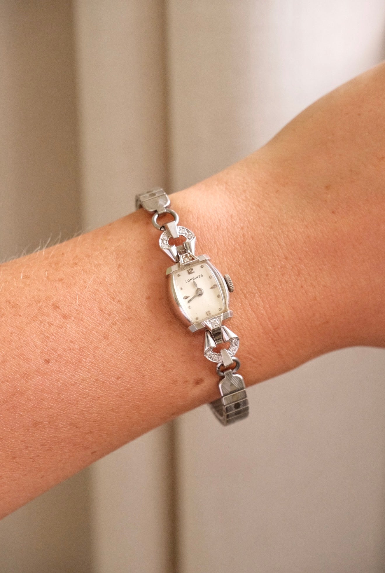 Rare Vintage Longines 14K White Gold Diamond Ladies Watch – Art Deco Style 1950s Swiss 17 Jewel Manual Wind Wristwatch