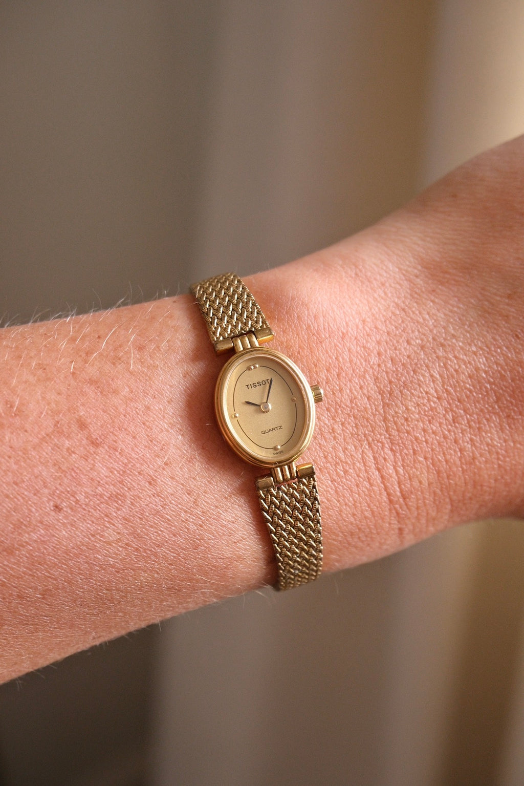 80s Vintage Ladies Gold Oval and Petite Tissot Watch Quartz Working