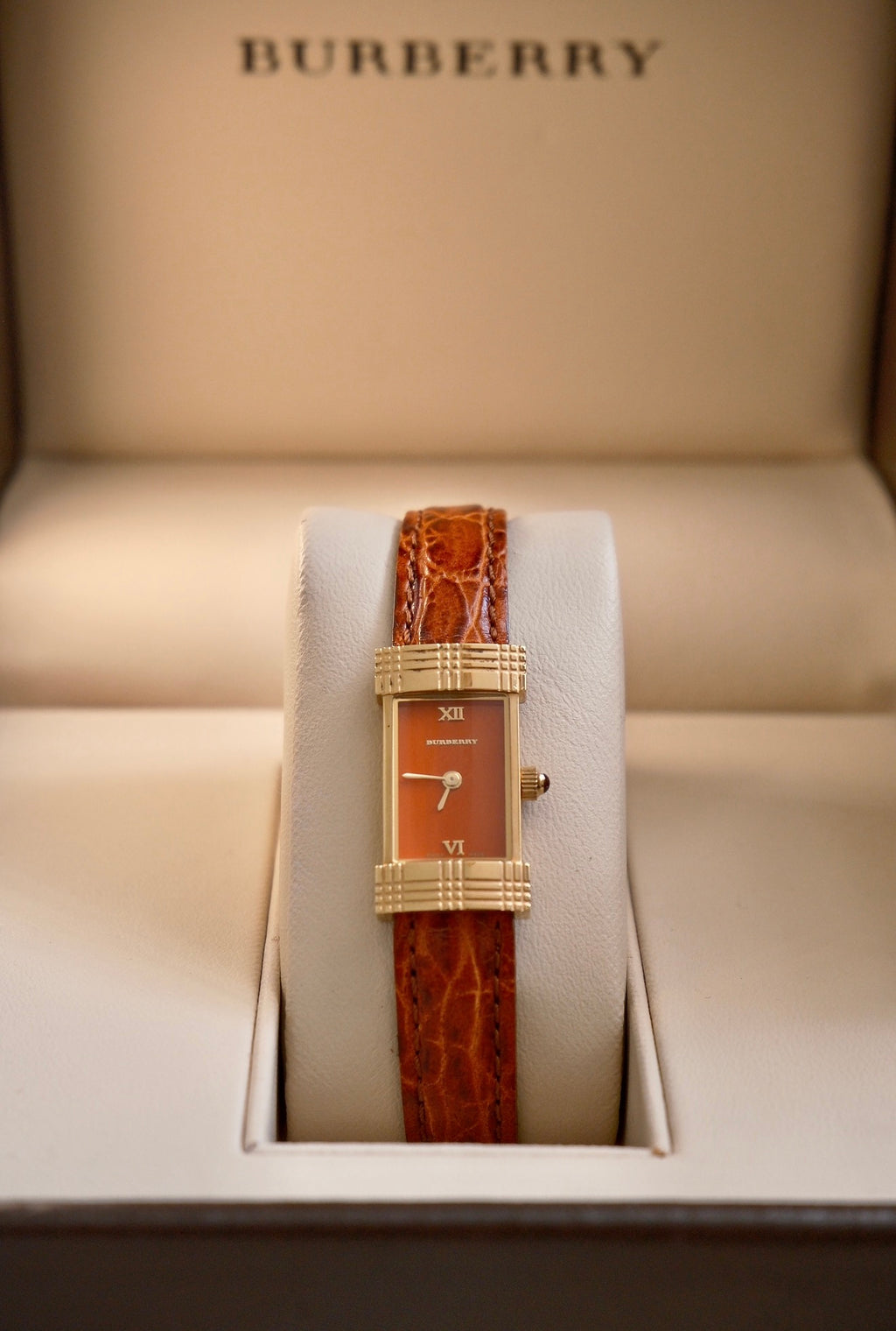 Rare Vintage 00s Orange Dial Burberry Tank Style Gold Watch on Orange Leather Strap Box & Papers