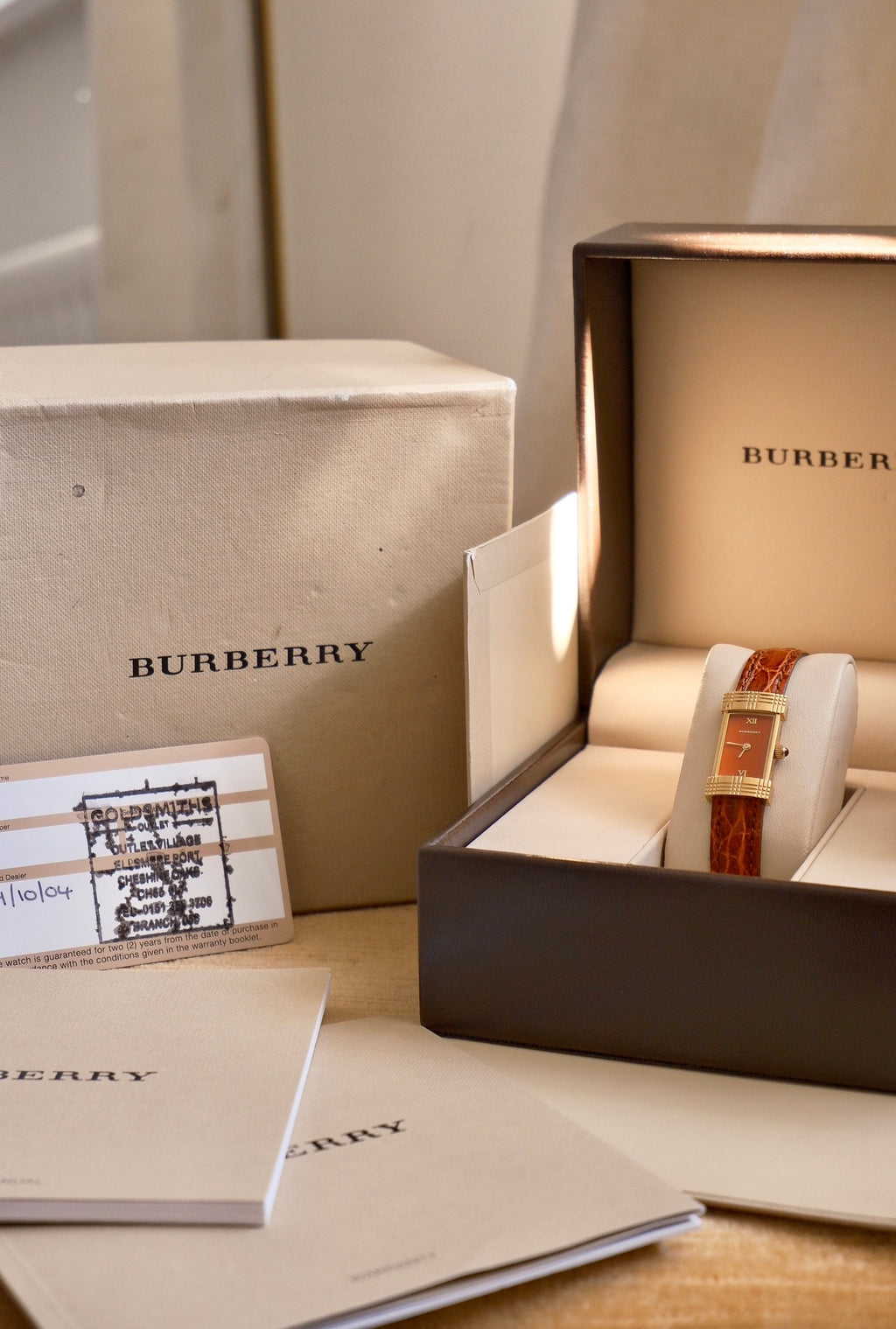 Rare Vintage 00s Orange Dial Burberry Tank Style Gold Watch on Orange Leather Strap Box & Papers