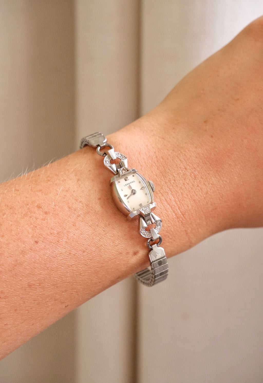 Rare Vintage Longines 14K White Gold Diamond Ladies Watch – Art Deco Style 1950s Swiss 17 Jewel Manual Wind Wristwatch