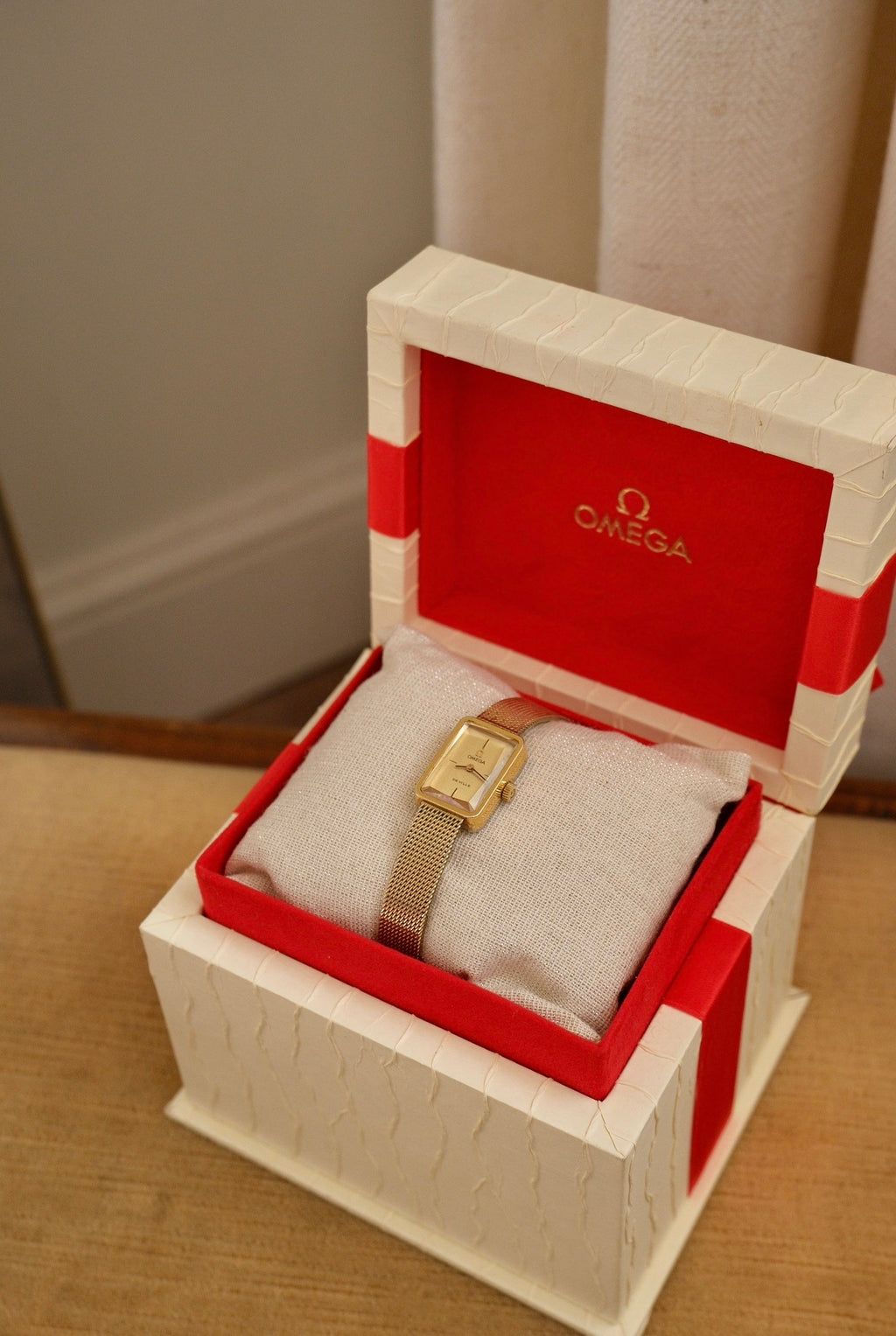 1970s Omega De Ville Manual Wind Gold Plated Tank Style Watch Mesh Strap, in Omega Box Working