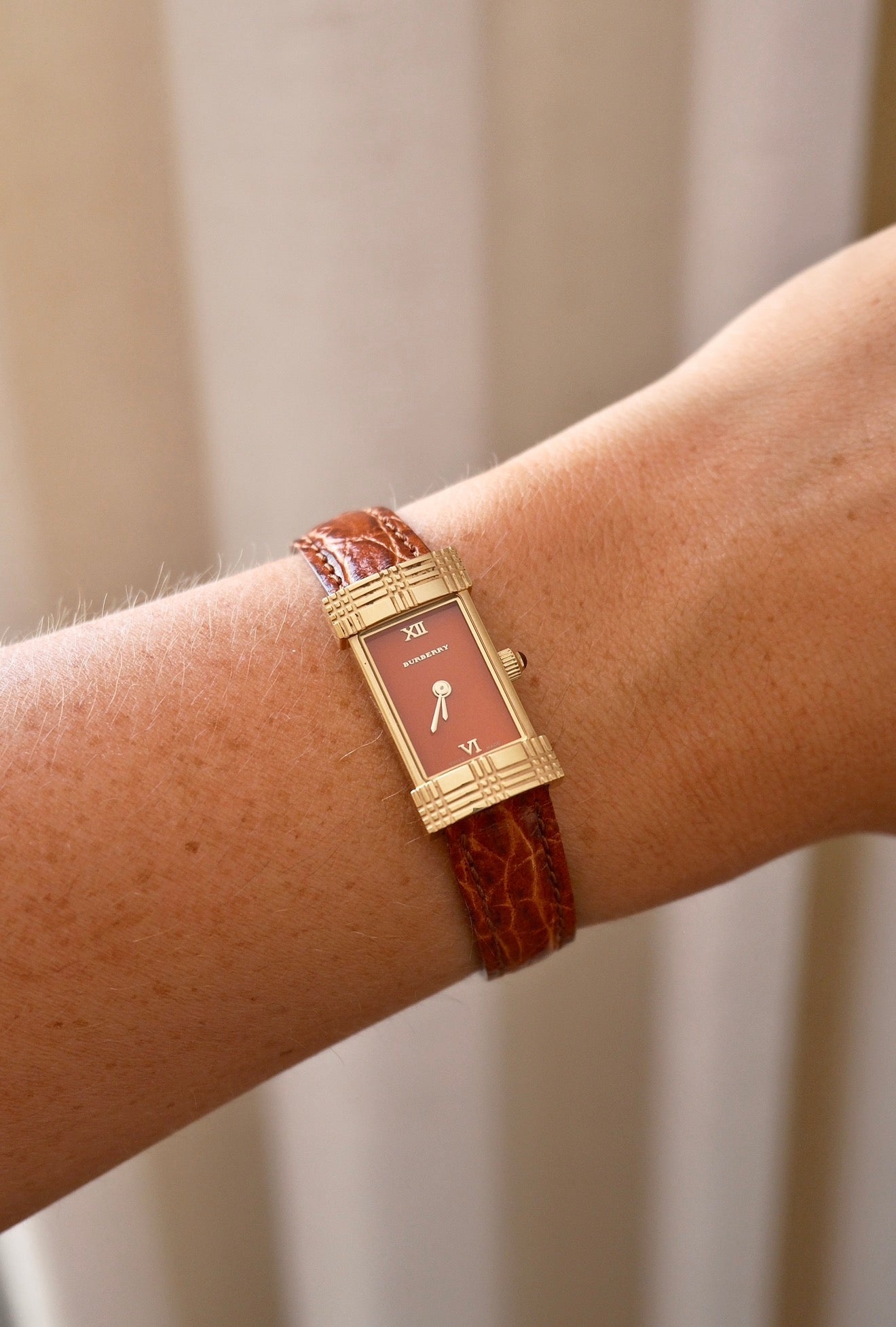 Rare Vintage 00s Orange Dial Burberry Tank Style Gold Watch on Orange Leather Strap Box & Papers
