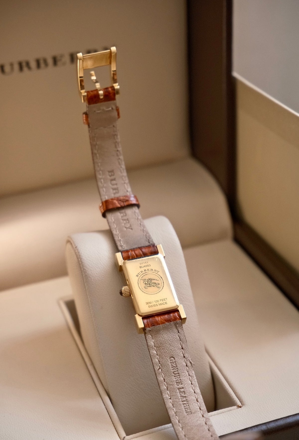Rare Vintage 00s Orange Dial Burberry Tank Style Gold Watch on Orange Leather Strap Box & Papers