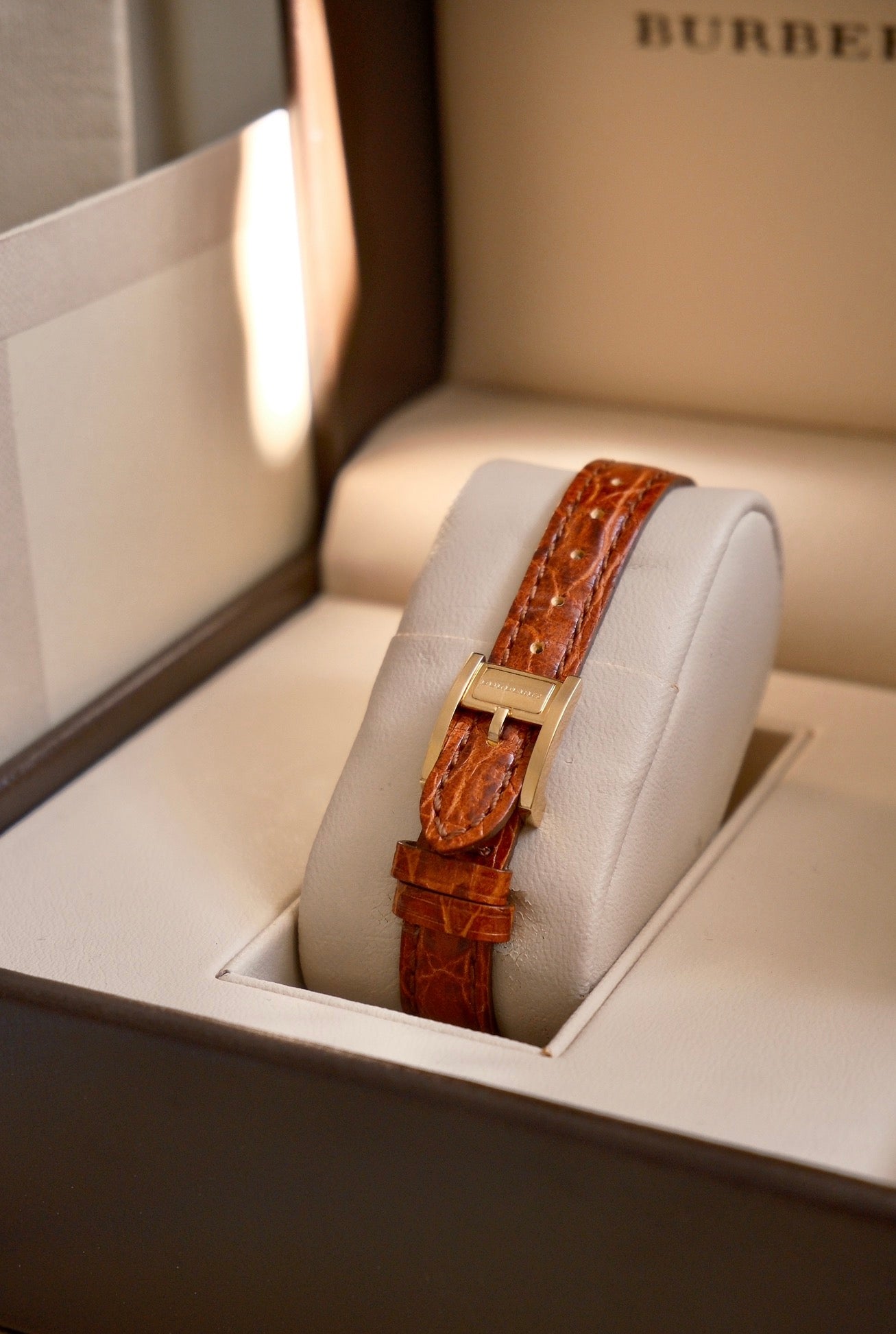 Rare Vintage 00s Orange Dial Burberry Tank Style Gold Watch on Orange Leather Strap Box & Papers