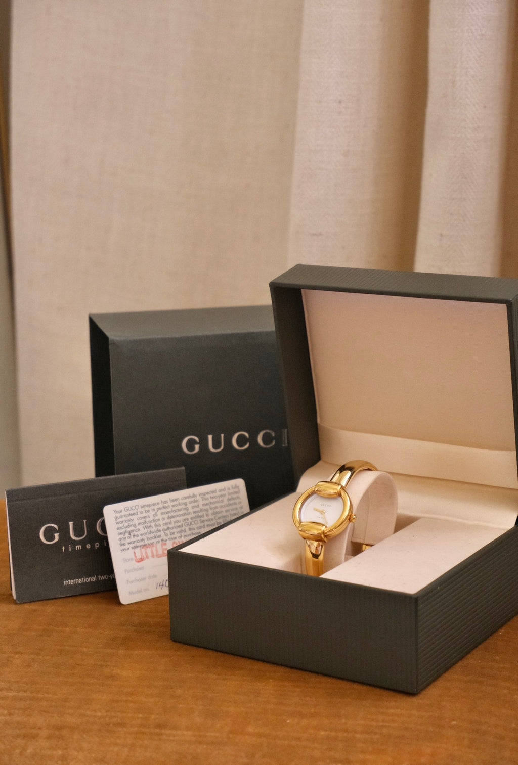 Vintage 1990s Gucci 1400L Gold Plated Ladies Watch with Original Box & Papers – Working Swiss Designer Bangle Watch