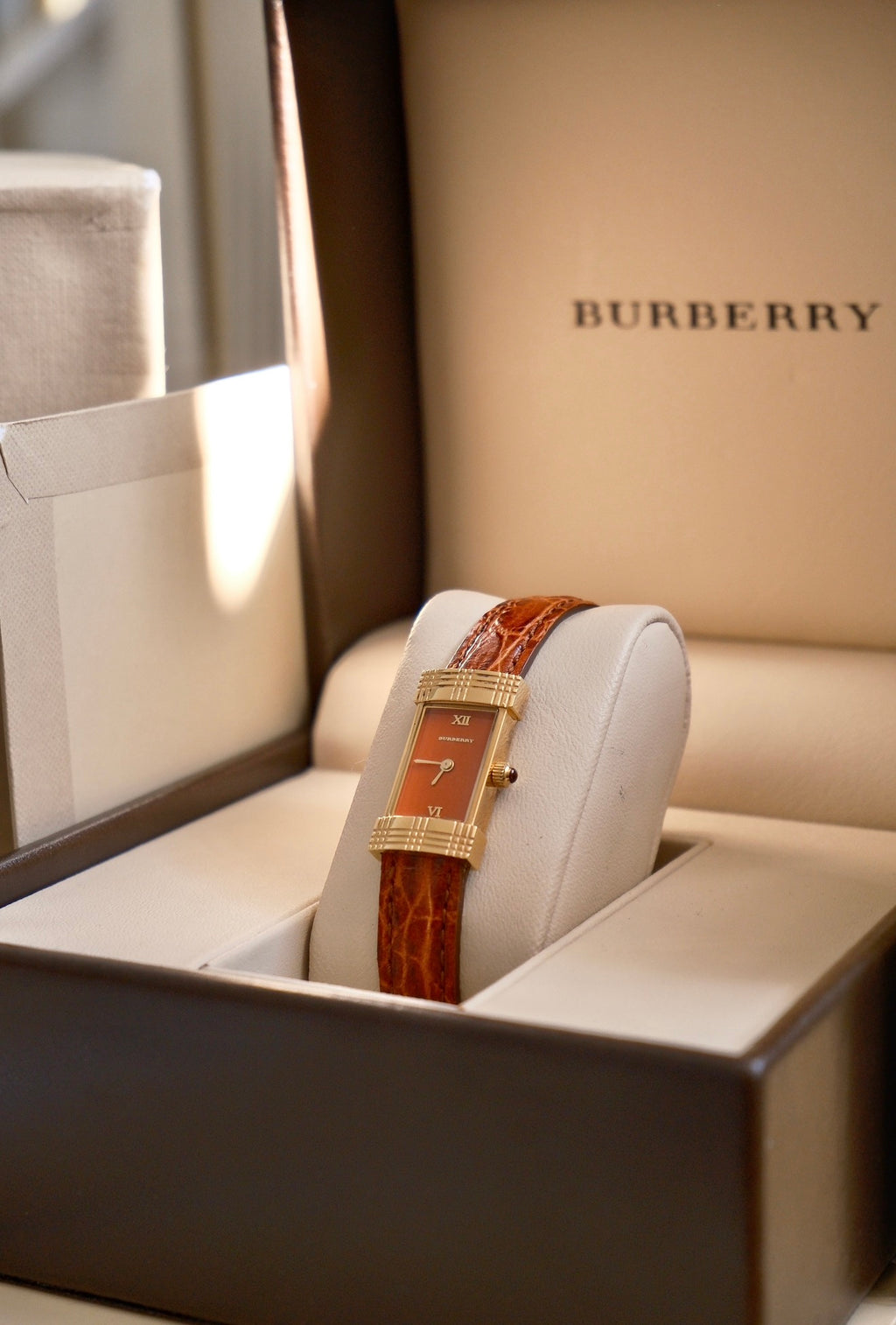 Rare Vintage 00s Orange Dial Burberry Tank Style Gold Watch on Orange Leather Strap Box & Papers