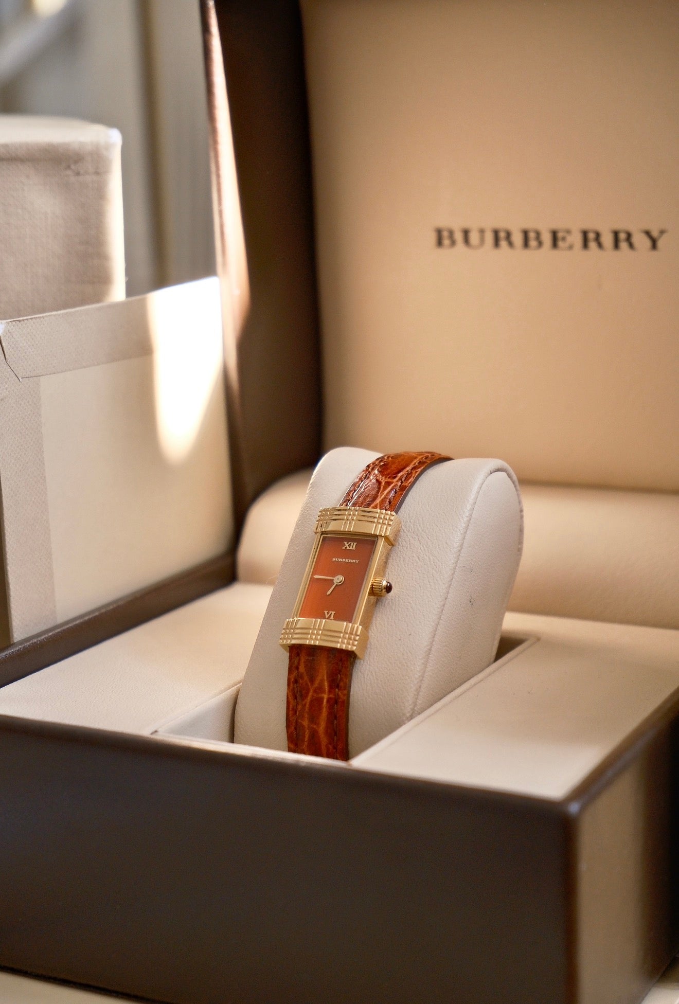Rare Vintage 00s Orange Dial Burberry Tank Style Gold Watch on Orange Leather Strap Box & Papers