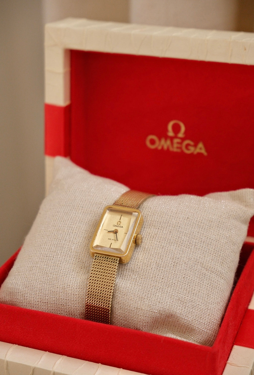 1970s Omega De Ville Manual Wind Gold Plated Tank Style Watch Mesh Strap, in Omega Box Working