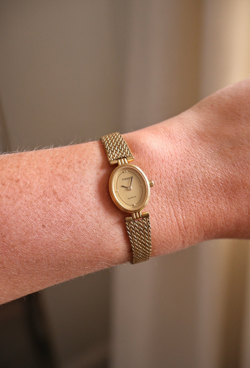 80s Vintage Ladies Gold Oval and Petite Tissot Watch Quartz Working