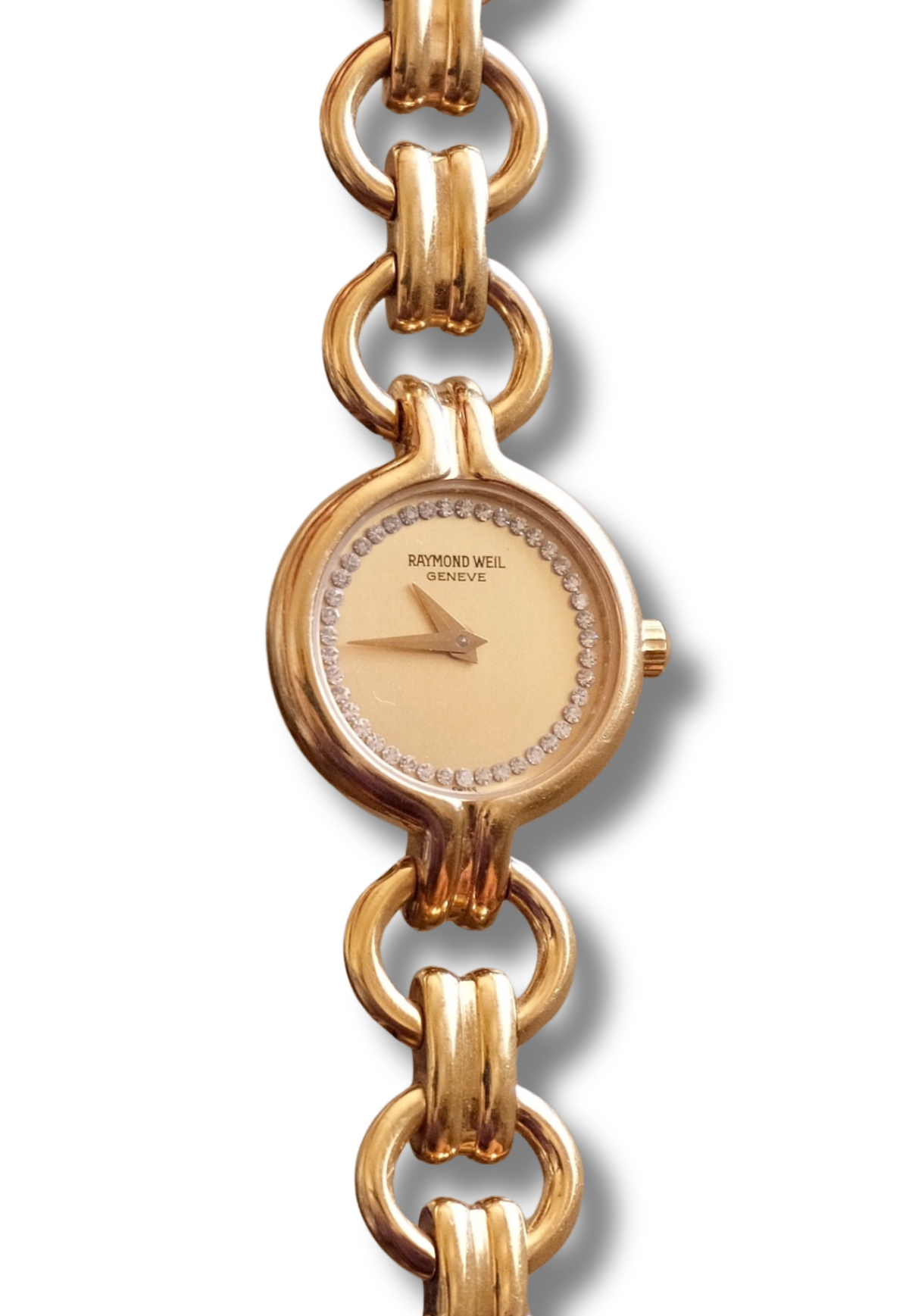 1990s Vintage Ladies 18k Gold Plated Raymond Weil Crystal Accent Dial Watch Working