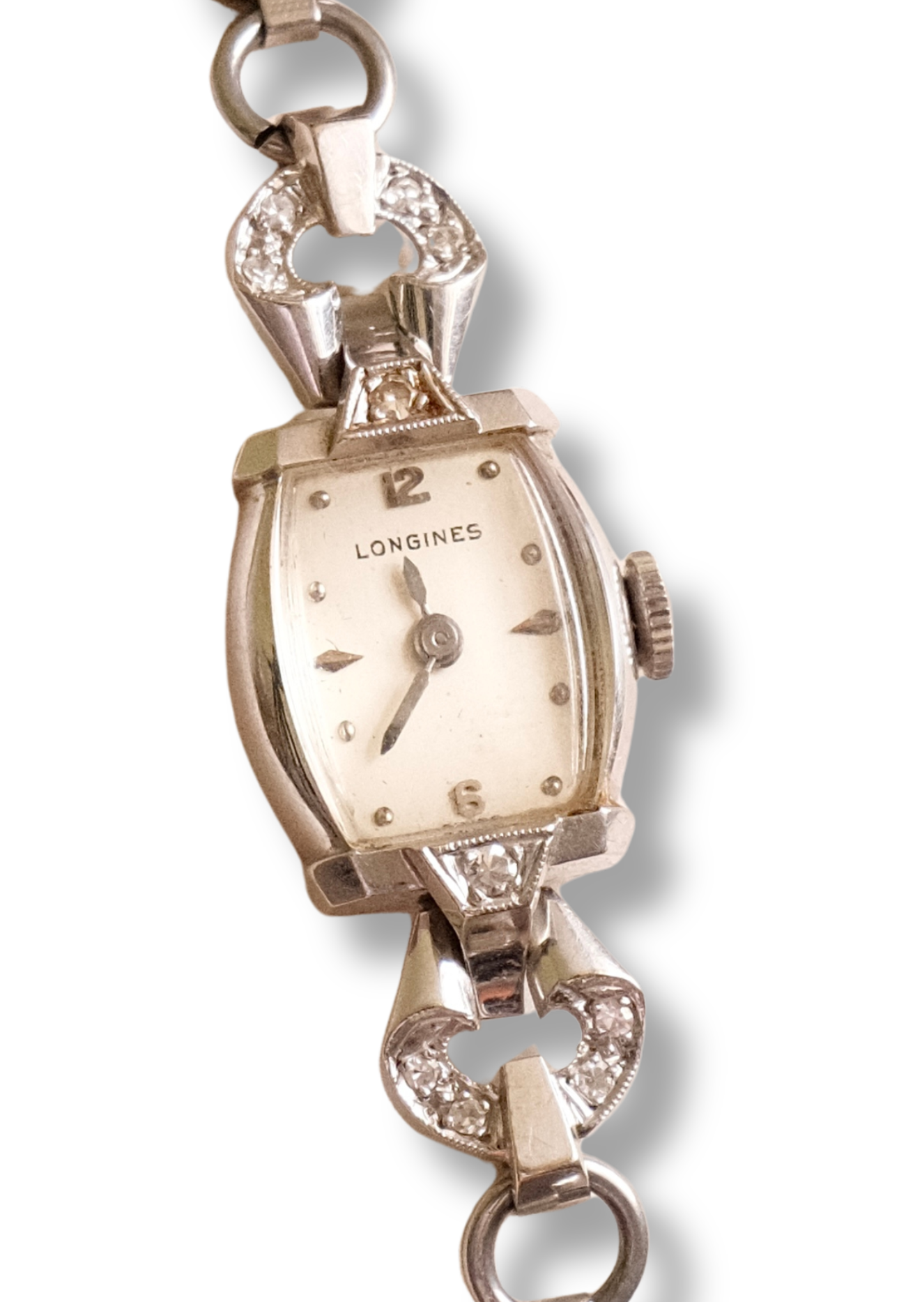 Rare Vintage Longines 14K White Gold Diamond Ladies Watch – Art Deco Style 1950s Swiss 17 Jewel Manual Wind Wristwatch