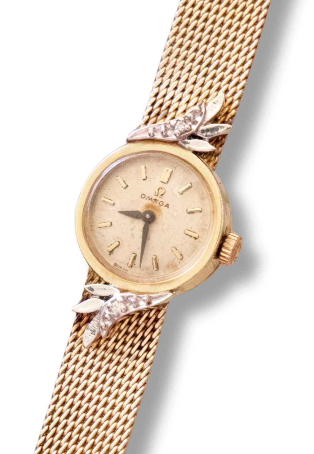 1950s Vintage Omega Ladies Cocktail Watch 10K Gold Filled Mesh Bracelet Diamond Leaf Lugs Champagne Dial Manual Wind Watch