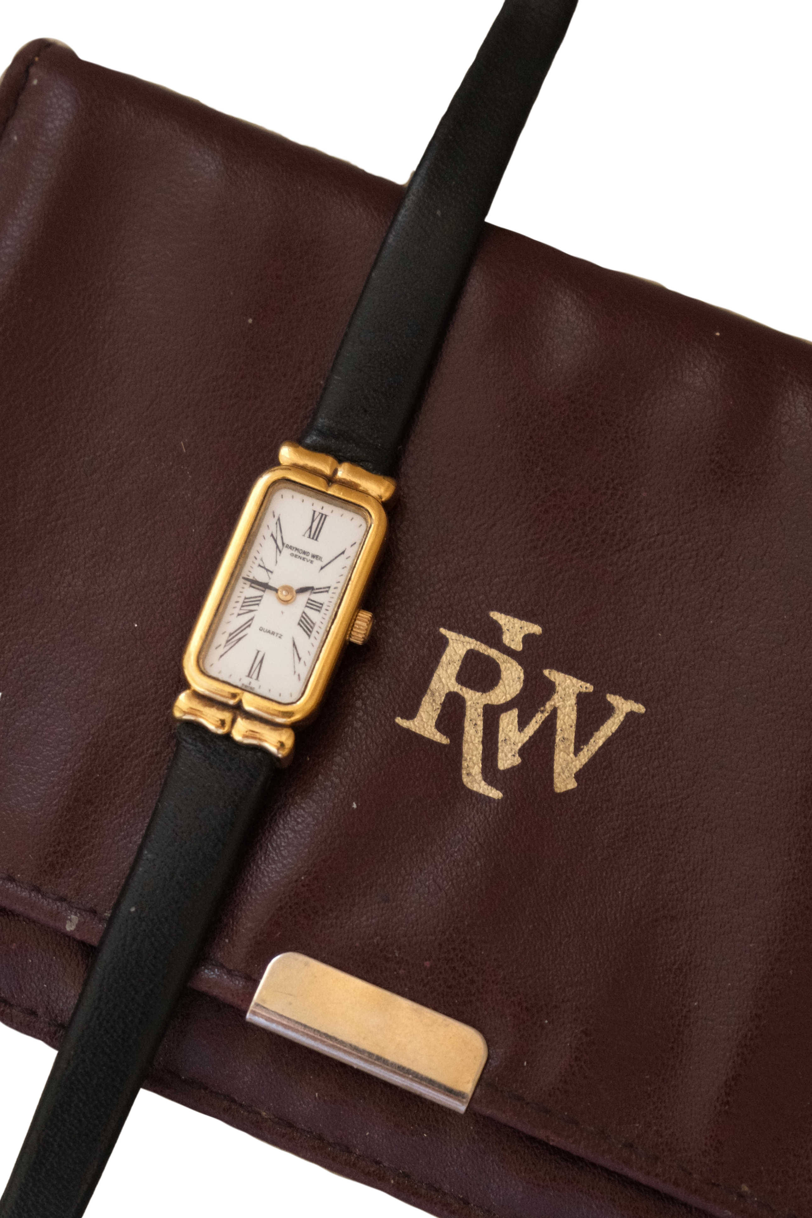 Vintage Raymond Weil Tank Watch: 18k Gold Plated, Leather Strap, Working