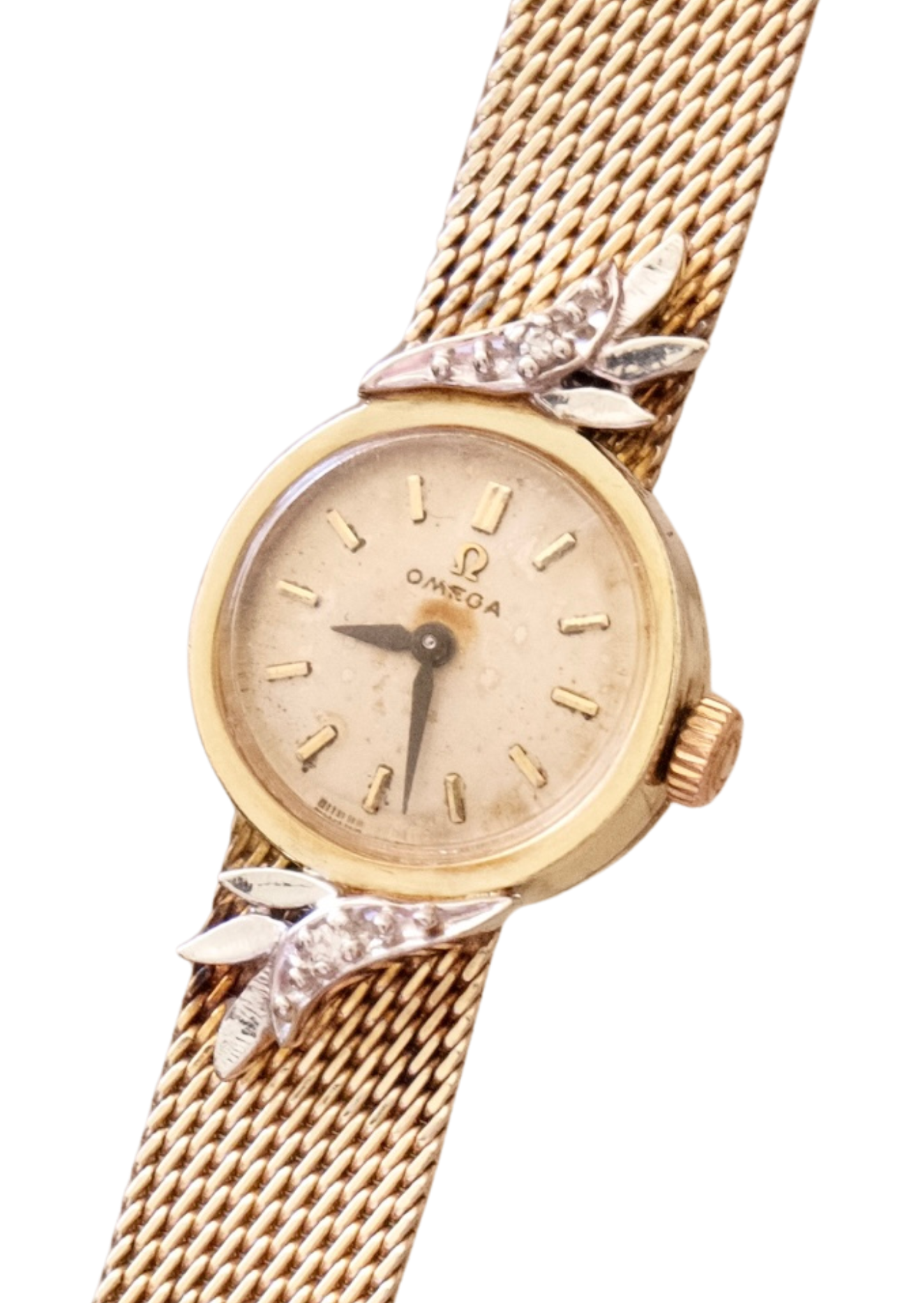 1950s Vintage Omega Ladies Cocktail Watch 10K Gold Filled Mesh Bracelet Diamond Leaf Lugs Champagne Dial Manual Wind Watch