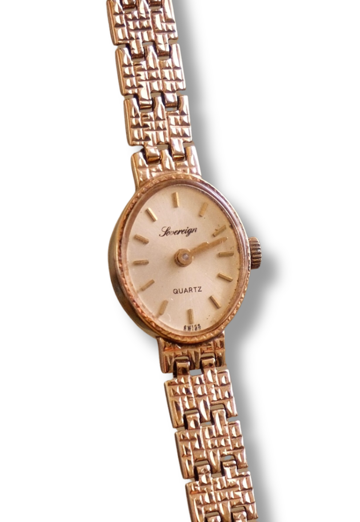 1980s Vintage 9ct Yellow Gold Sovereign quartz dress watch with an oval case and a textured link bracelet